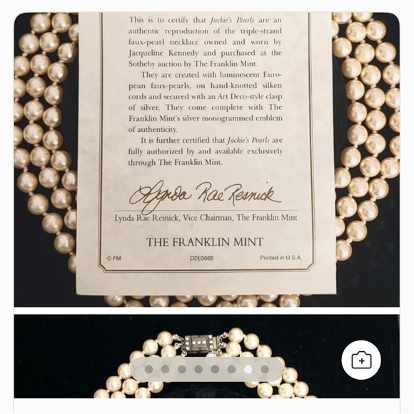 Franklin Mint Jacqueline Kennedy Triple Strand Faux Replica Pearl Necklace - Picture 13 of 16